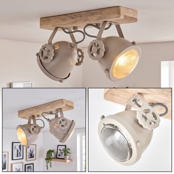 Plafonnier Herford avec poutre en bois clair, deux têtes orientables