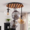 Plafonnier moderne Gastor à 4 lumières, socle à lattes de bois, abat-jour en verre fumé