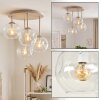 Plafonnier moderne Ripoll en grappe, quatre abat-jour ronds en verre clair, structure sable