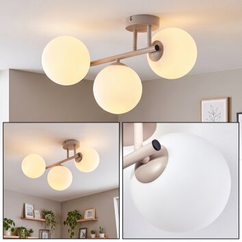 Plafonnier moderne Gastor à trois abat-jour ronds en grappe, verre blanc