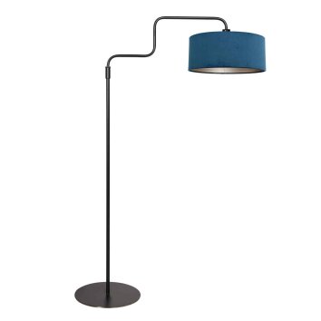 Steinhauer Lampadaire Bloeba à bras coudé orientable, abat-jour bleu, près du canapé